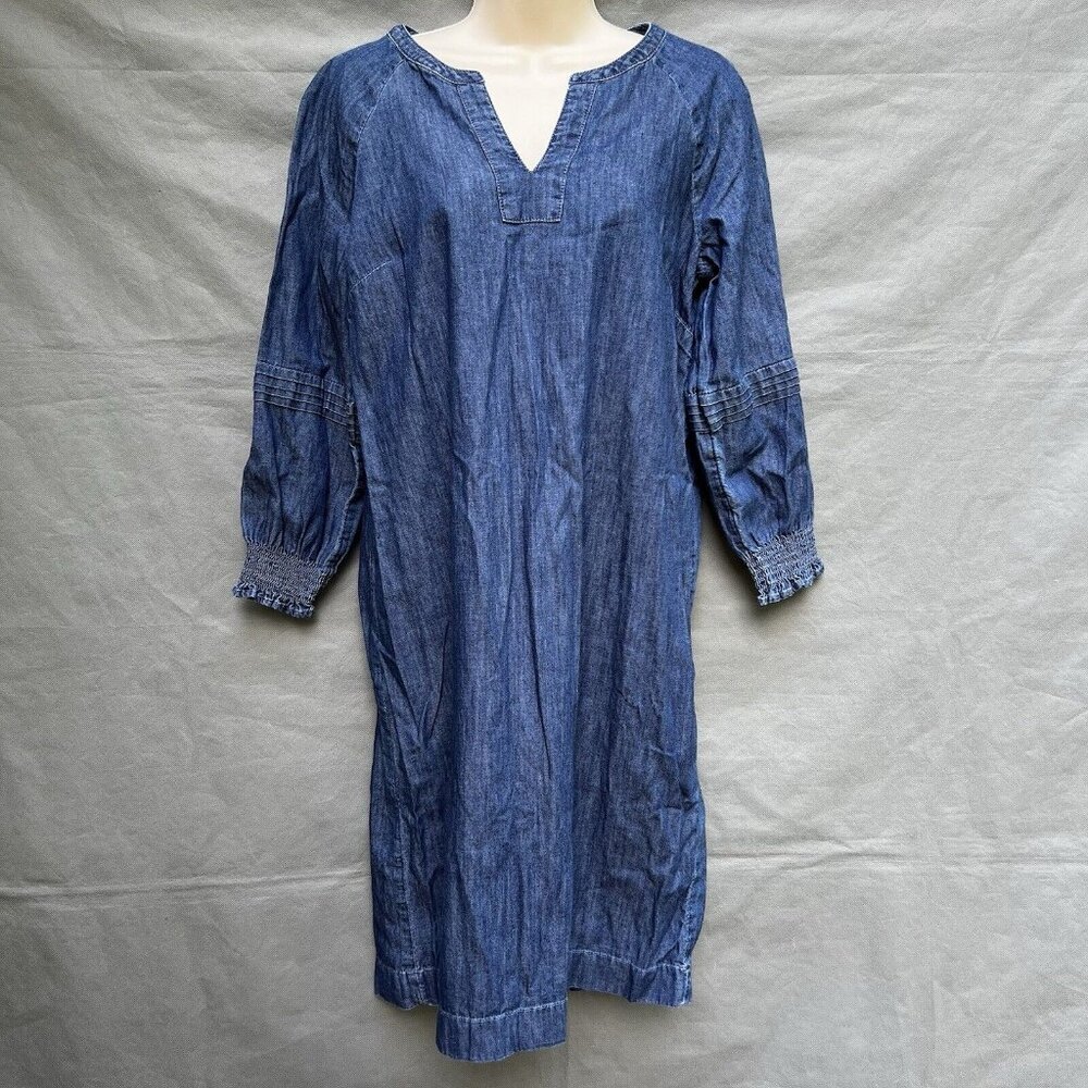 Talbots Chambray Cotton Dress Blue Elastic Sleeves Size 6 V Neck